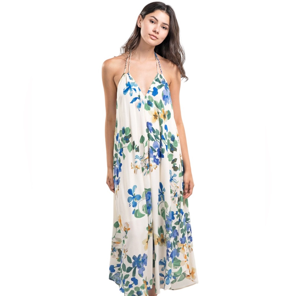 117. Lovestitch Blue Gold Printed Halter Tie Back Midi Dress NWT